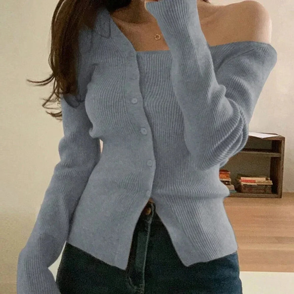 Blue Cute Women's Solid Color Asymmetrical Collar Open Shoulder Knitted Cardigan - Picture 1 of 5